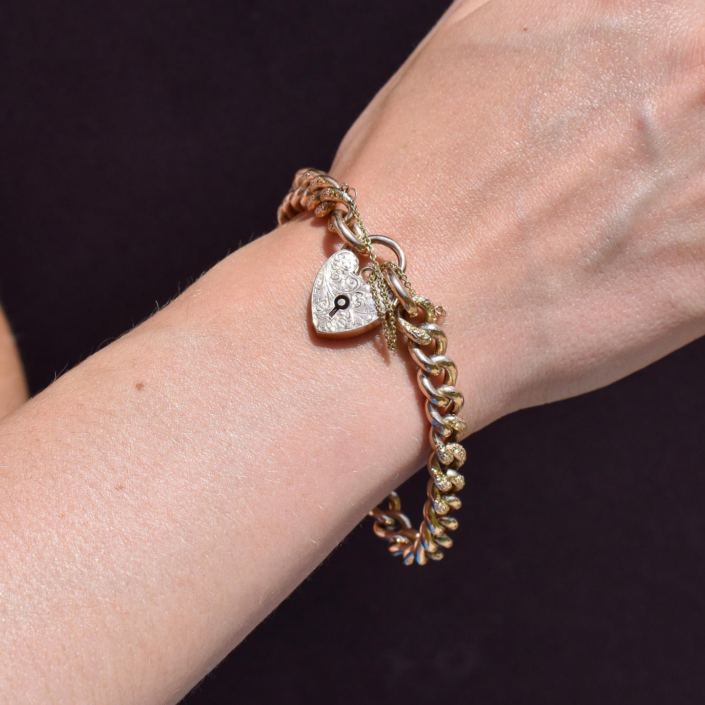 Antique Engraved Heart Padlock Fancy Curb 9ct Gold Bracelet 7"