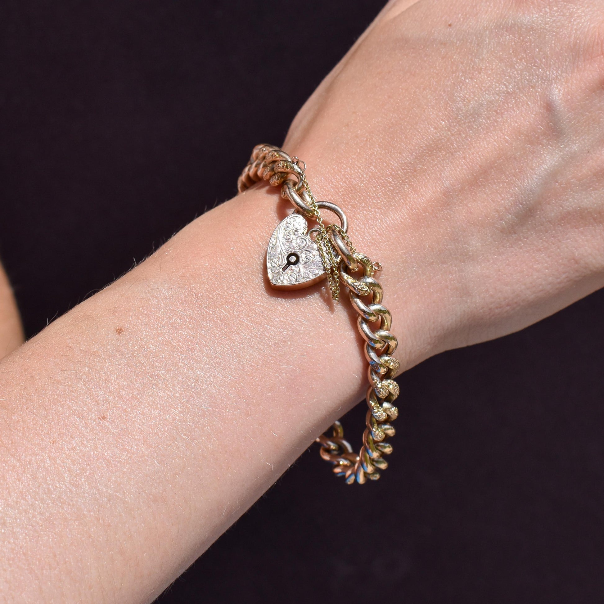 Antique Engraved Heart Padlock Fancy Curb 9ct Gold Bracelet 7"