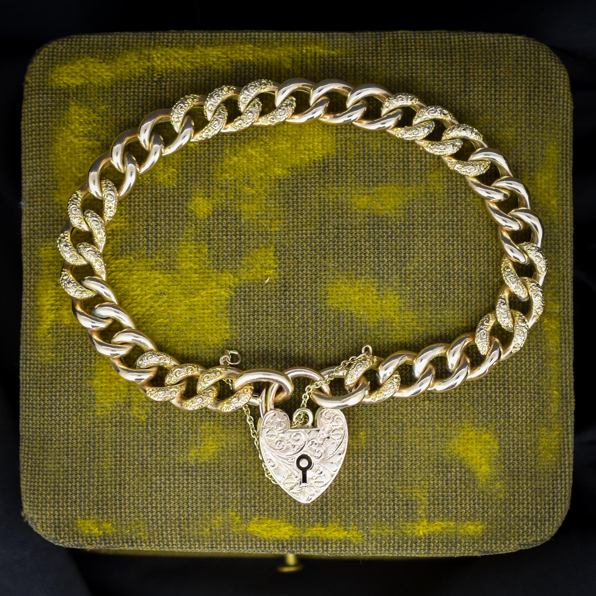 Antique Engraved Heart Padlock Fancy Curb 9ct Gold Bracelet 7"