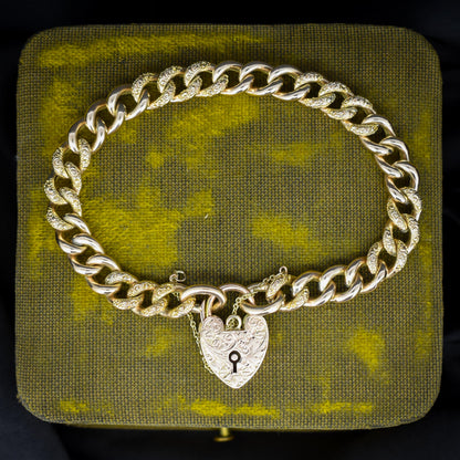 Antique Engraved Heart Padlock Fancy Curb 9ct Gold Bracelet 7"
