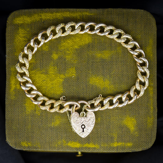 Antique Engraved Heart Padlock Fancy Curb 9ct Gold Bracelet 7"