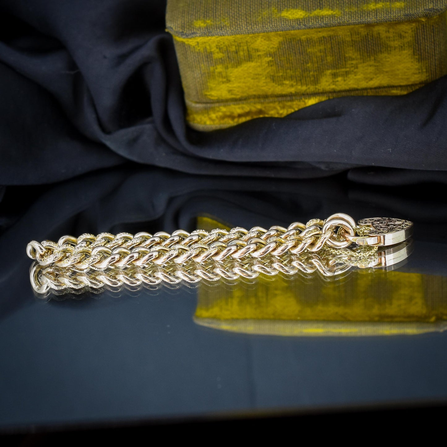 Antique Engraved Heart Padlock Fancy Curb 9ct Gold Bracelet 7"
