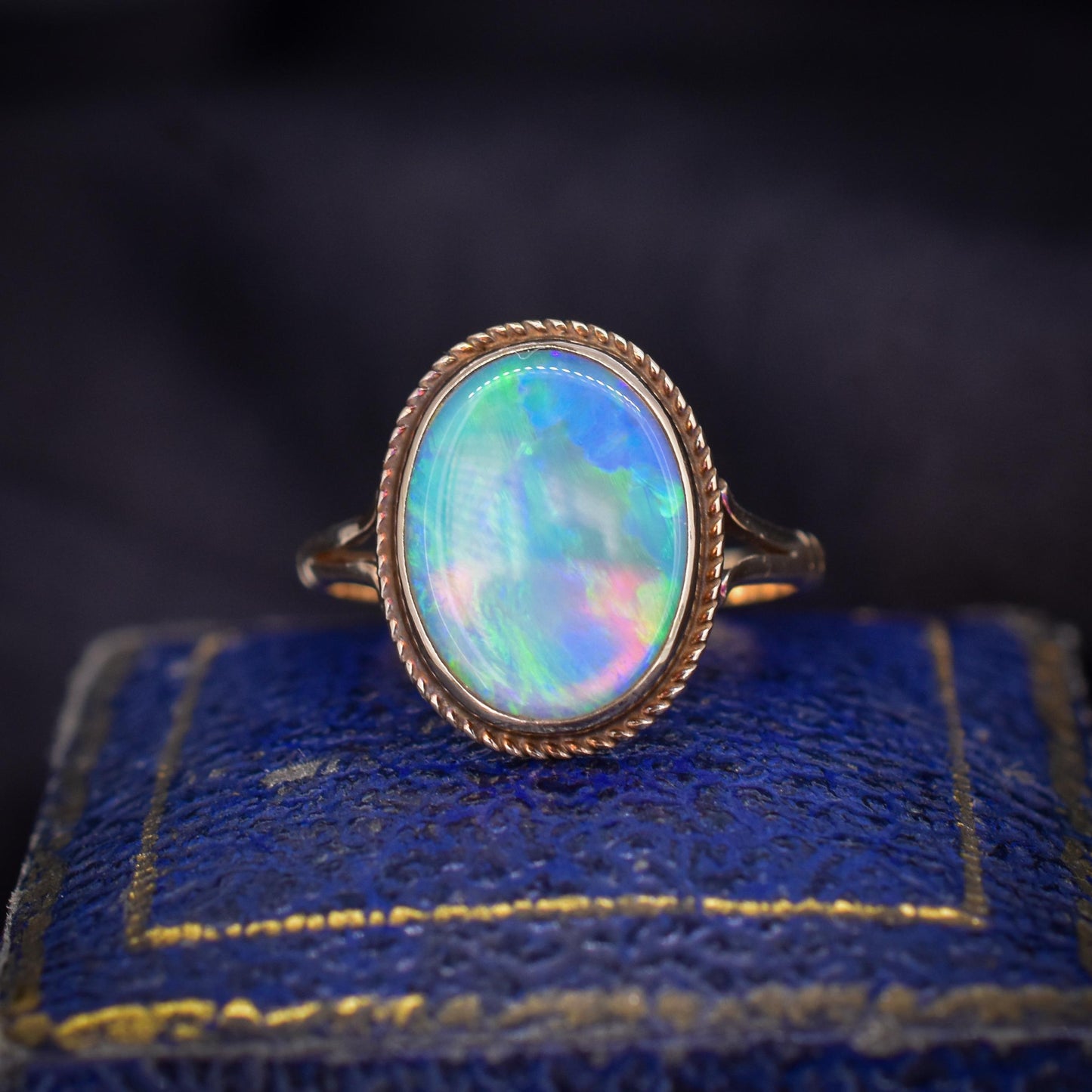 Vintage Colourful Natural Opal Oval Solitaire 9ct Gold Ring