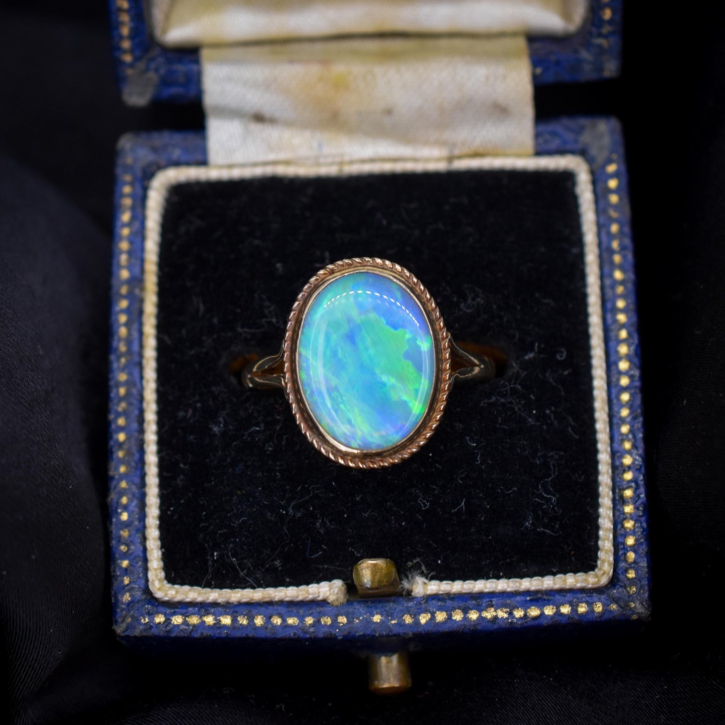 Vintage Colourful Natural Opal Oval Solitaire 9ct Gold Ring