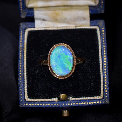 Vintage Colourful Natural Opal Oval Solitaire 9ct Gold Ring