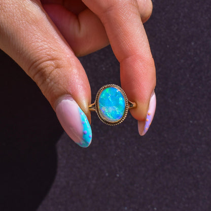 Vintage Colourful Natural Opal Oval Solitaire 9ct Gold Ring