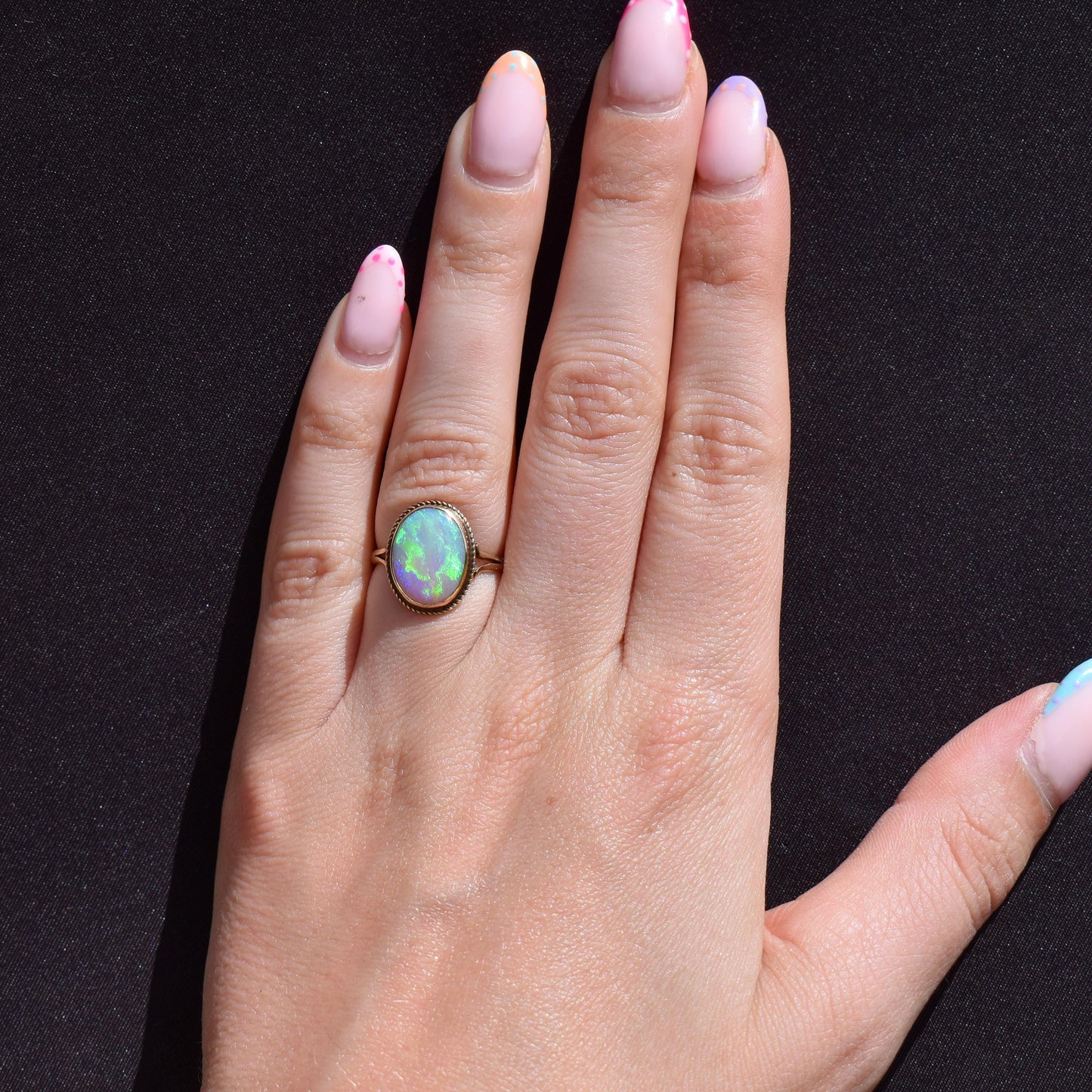 Vintage Colourful Natural Opal Oval Solitaire 9ct Gold Ring