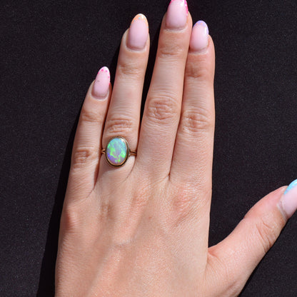 Vintage Colourful Natural Opal Oval Solitaire 9ct Gold Ring