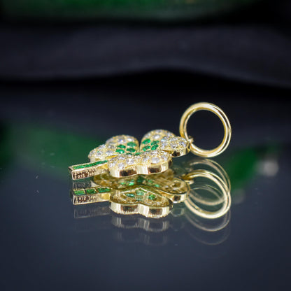 Diamond and Emerald Three-Leaf Clover 18ct Gold Charm Pendant