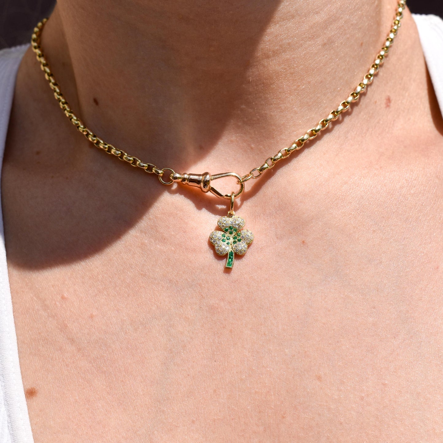 Diamond and Emerald Three-Leaf Clover 18ct Gold Charm Pendant