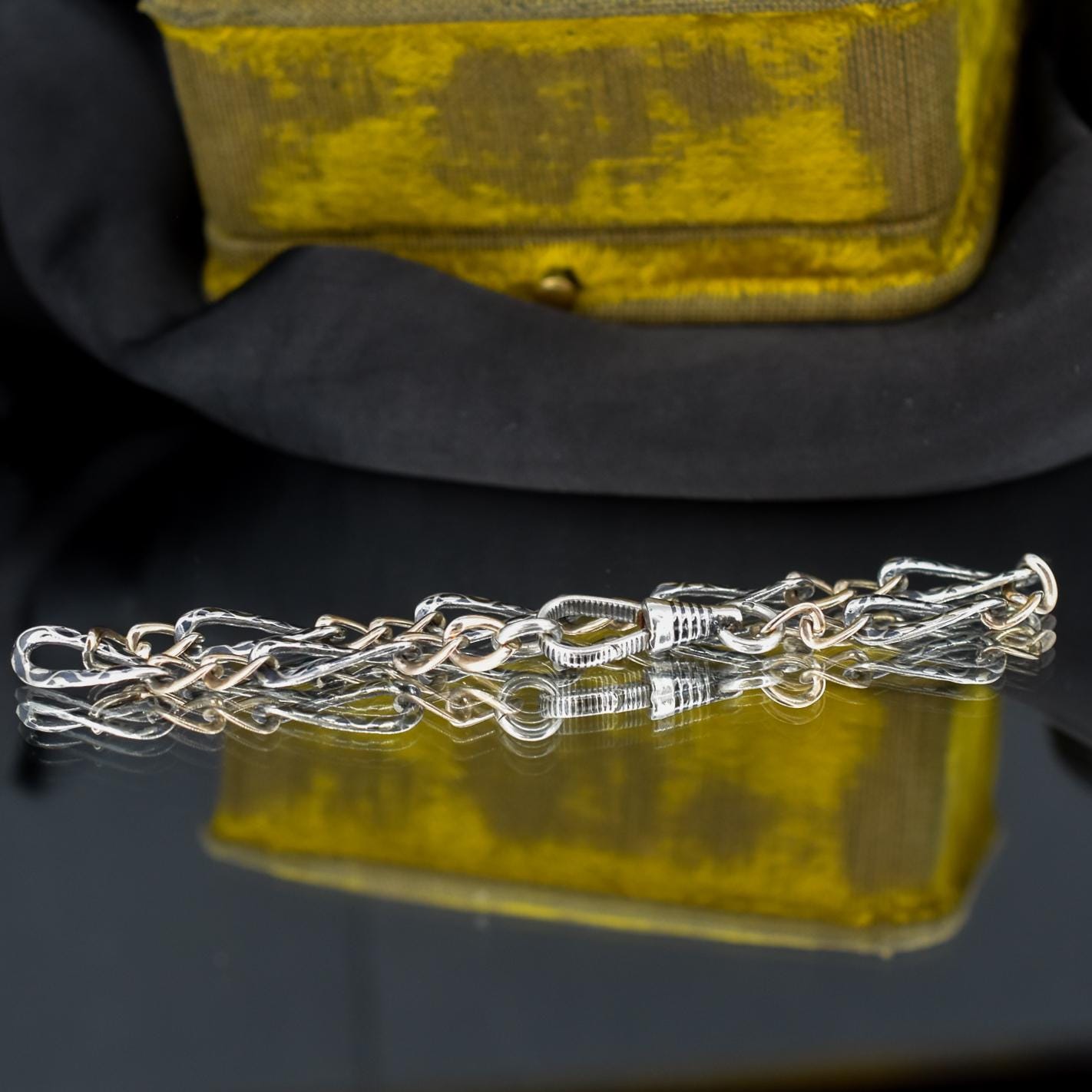 Antique Niello Silver and Gold Chain Bracelet with Dog Clip | 7.75"