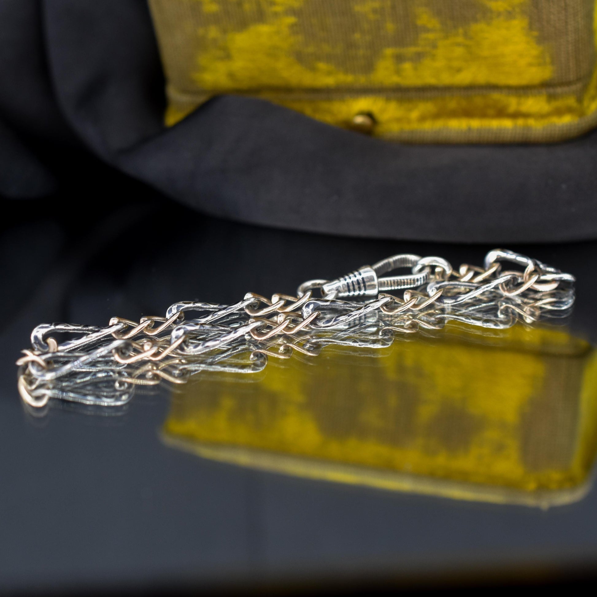 Antique Niello Silver and Gold Chain Bracelet with Dog Clip | 7.75"