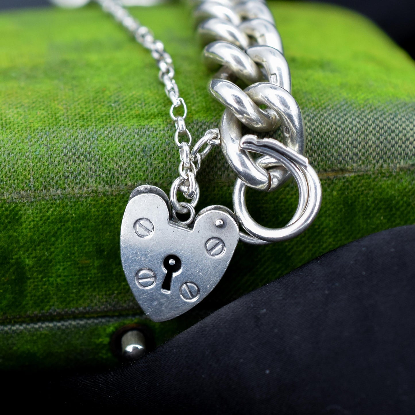 Vintage Heavy Chunky Heart Padlock Sterling Silver Curb Bracelet 7"