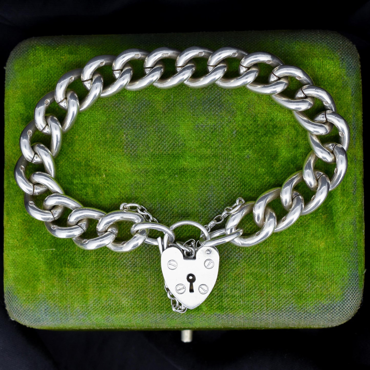 Vintage Heavy Chunky Heart Padlock Sterling Silver Curb Bracelet 7"