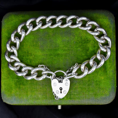 Vintage Heavy Chunky Heart Padlock Sterling Silver Curb Bracelet 7"