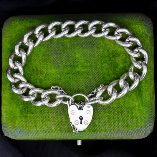 Vintage Heavy Chunky Heart Padlock Sterling Silver Curb Bracelet 7"