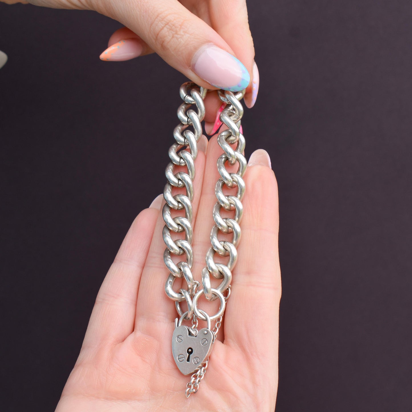 Vintage Heavy Chunky Heart Padlock Sterling Silver Curb Bracelet 7"