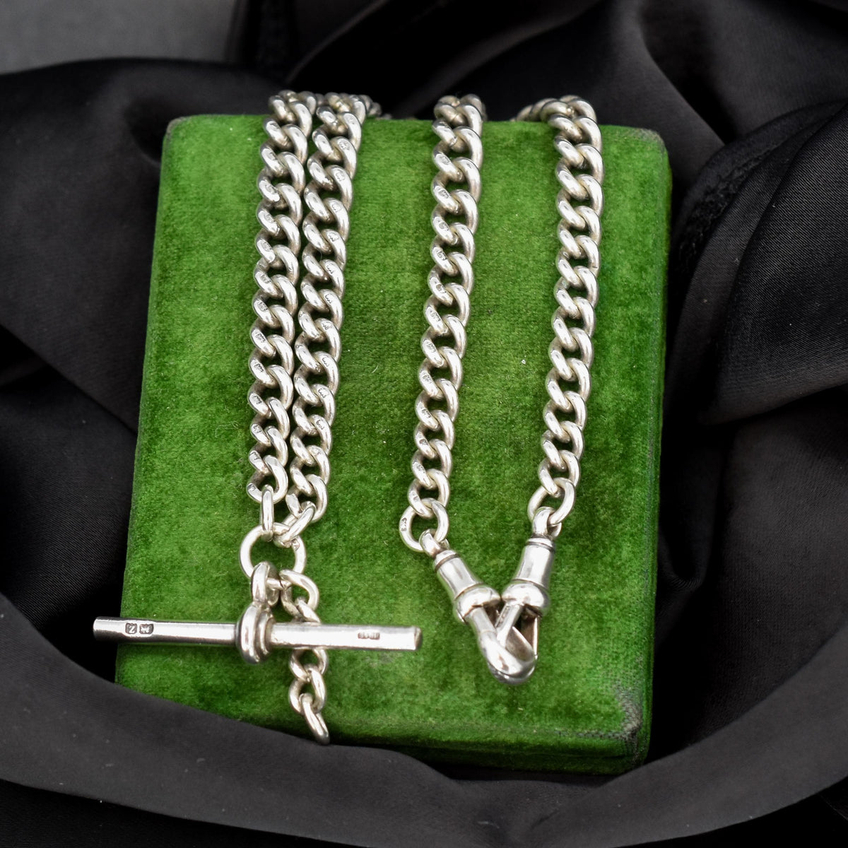 Antique '1924' Sterling Silver Curb Link Albert Watch Chain Necklace 15.5"