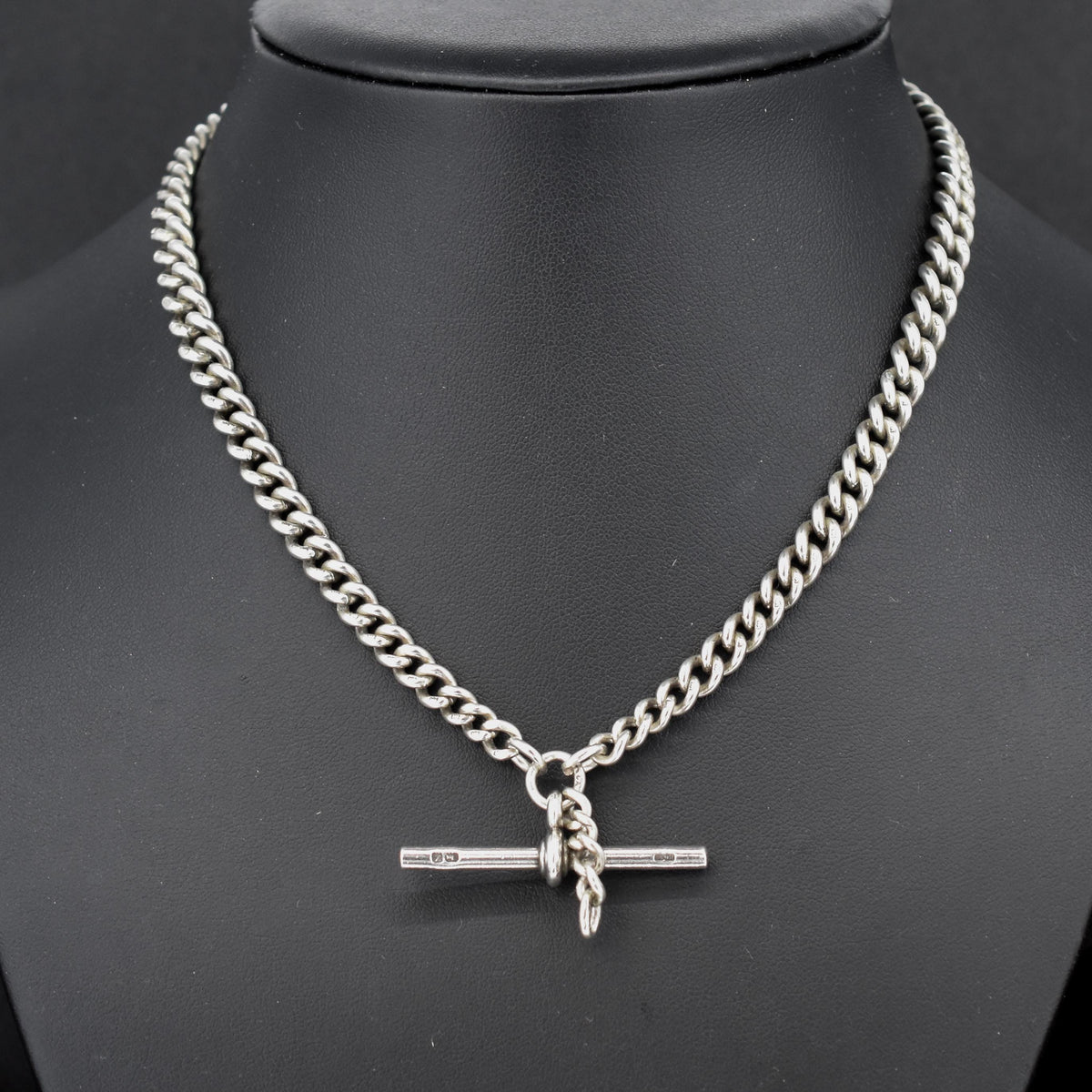 Antique '1924' Sterling Silver Curb Link Albert Watch Chain Necklace 15.5"