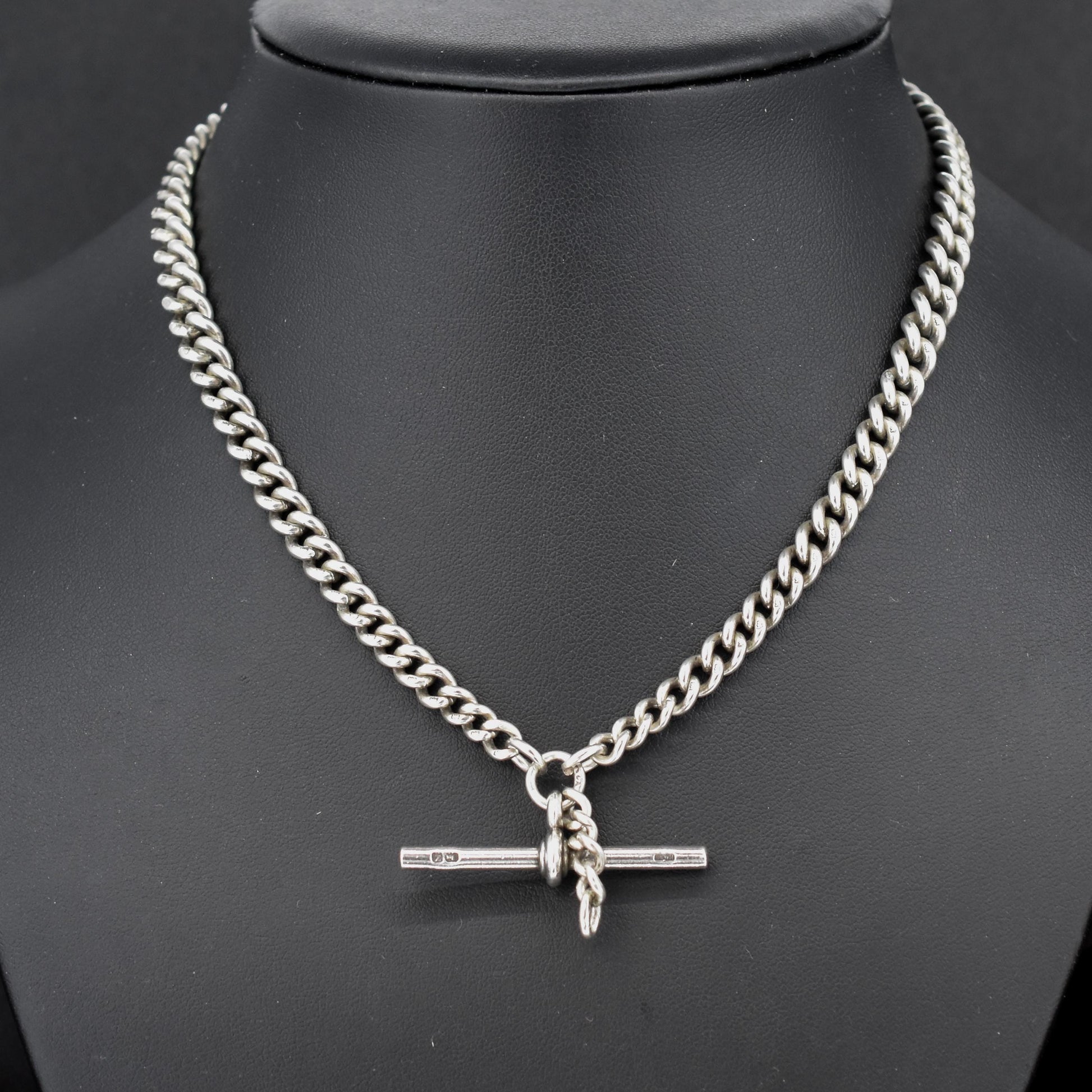Antique '1924' Sterling Silver Curb Link Albert Watch Chain Necklace 15.5"