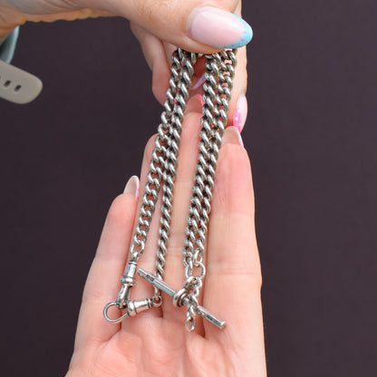 Antique '1924' Sterling Silver Curb Link Albert Watch Chain Necklace 15.5"