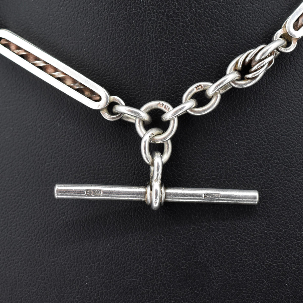 Antique '1909' Sterling Silver Bar and Love Knot Albert Chain Necklace | 14.5"