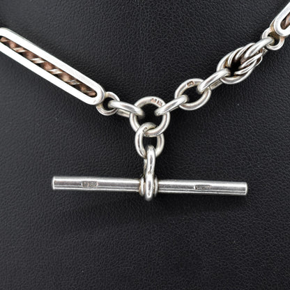 Antique '1909' Sterling Silver Bar and Love Knot Albert Chain Necklace | 14.5"