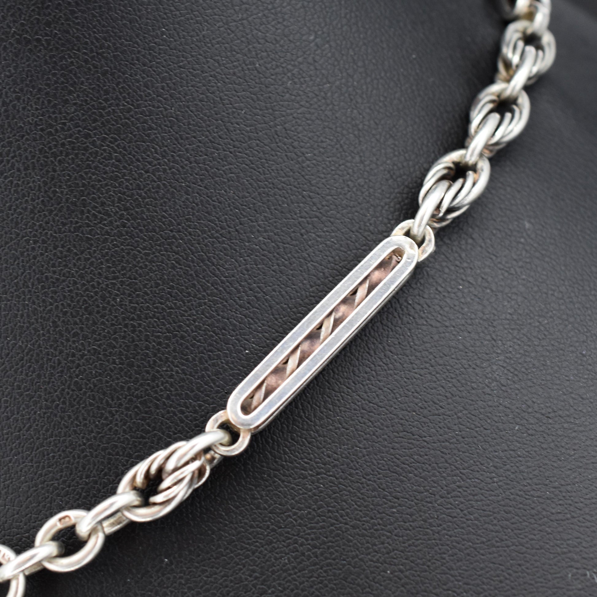 Antique '1909' Sterling Silver Bar and Love Knot Albert Chain Necklace | 14.5"