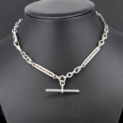 Antique '1909' Sterling Silver Bar and Love Knot Albert Chain Necklace | 14.5"