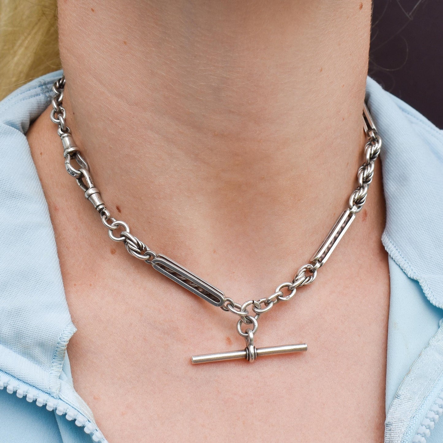 Antique '1909' Sterling Silver Bar and Love Knot Albert Chain Necklace | 14.5"