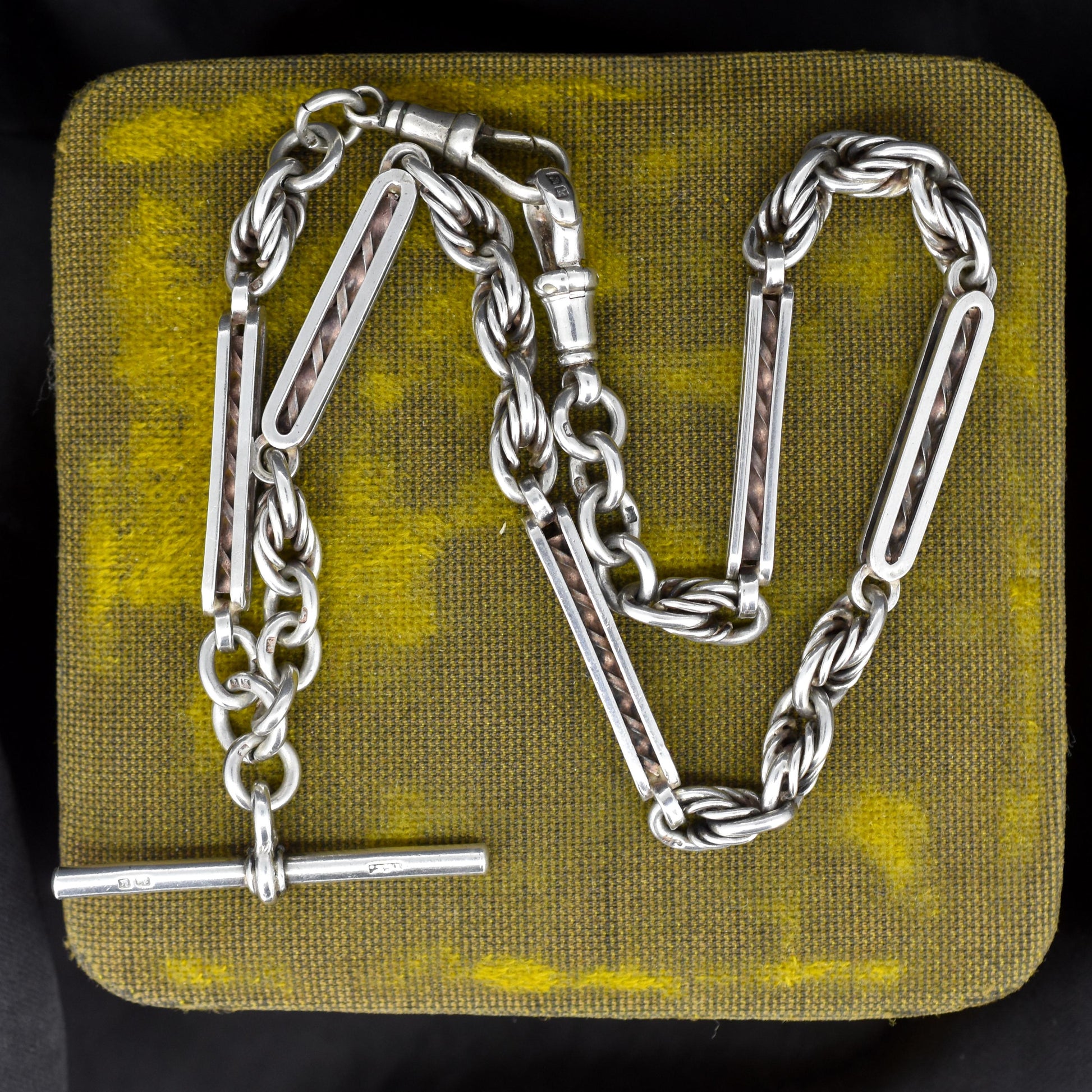 Antique '1909' Sterling Silver Bar and Love Knot Albert Chain Necklace | 14.5"
