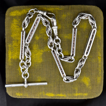 Antique '1909' Sterling Silver Bar and Love Knot Albert Chain Necklace | 14.5"