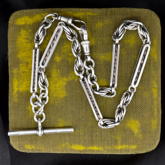 Antique '1909' Sterling Silver Bar and Love Knot Albert Chain Necklace | 14.5"