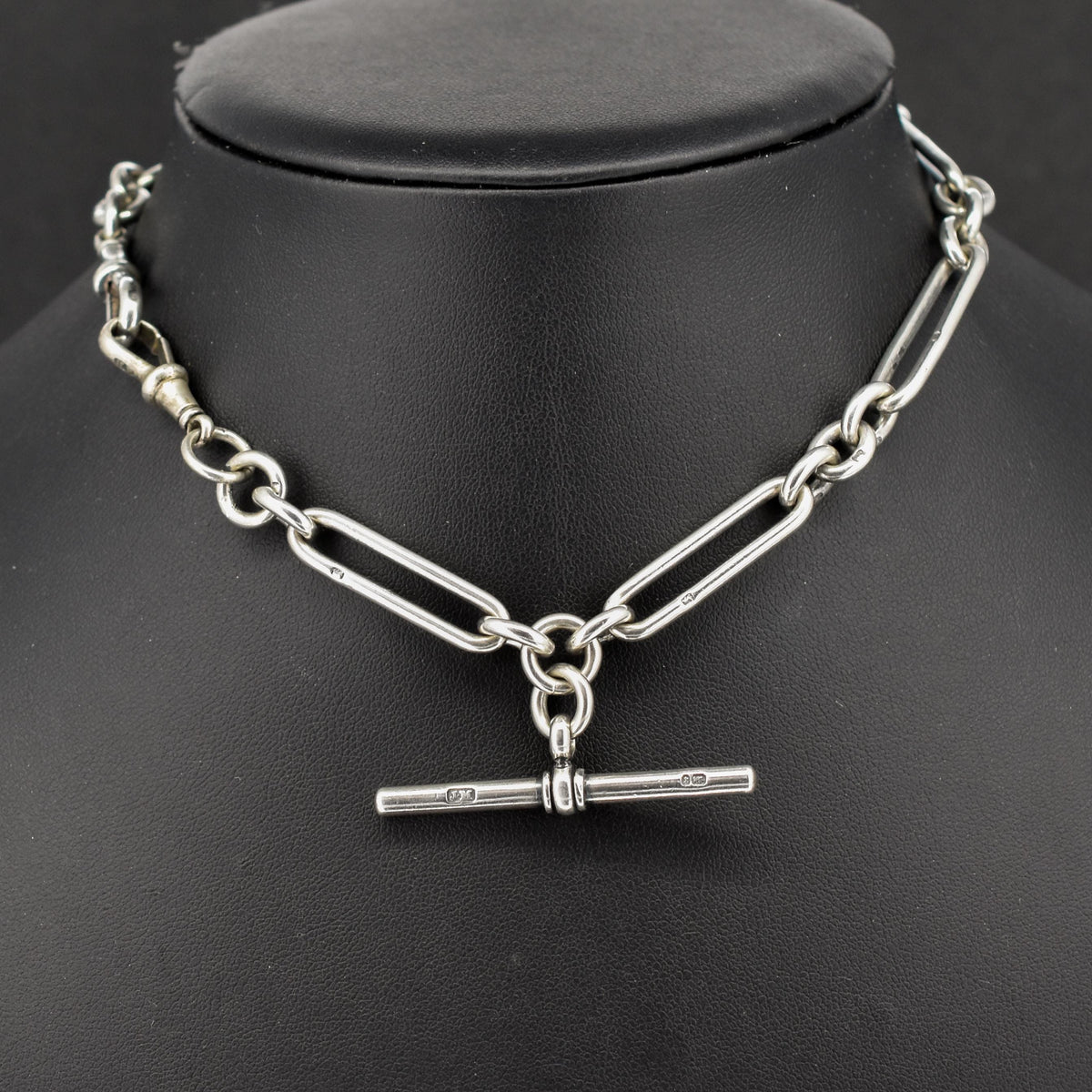 Antique '1893' Sterling Silver Trombone Watch Chain with Dog Clips and T Bar | 13.5"