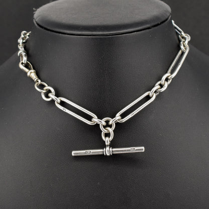 Antique '1893' Sterling Silver Trombone Watch Chain with Dog Clips and T Bar | 13.5"
