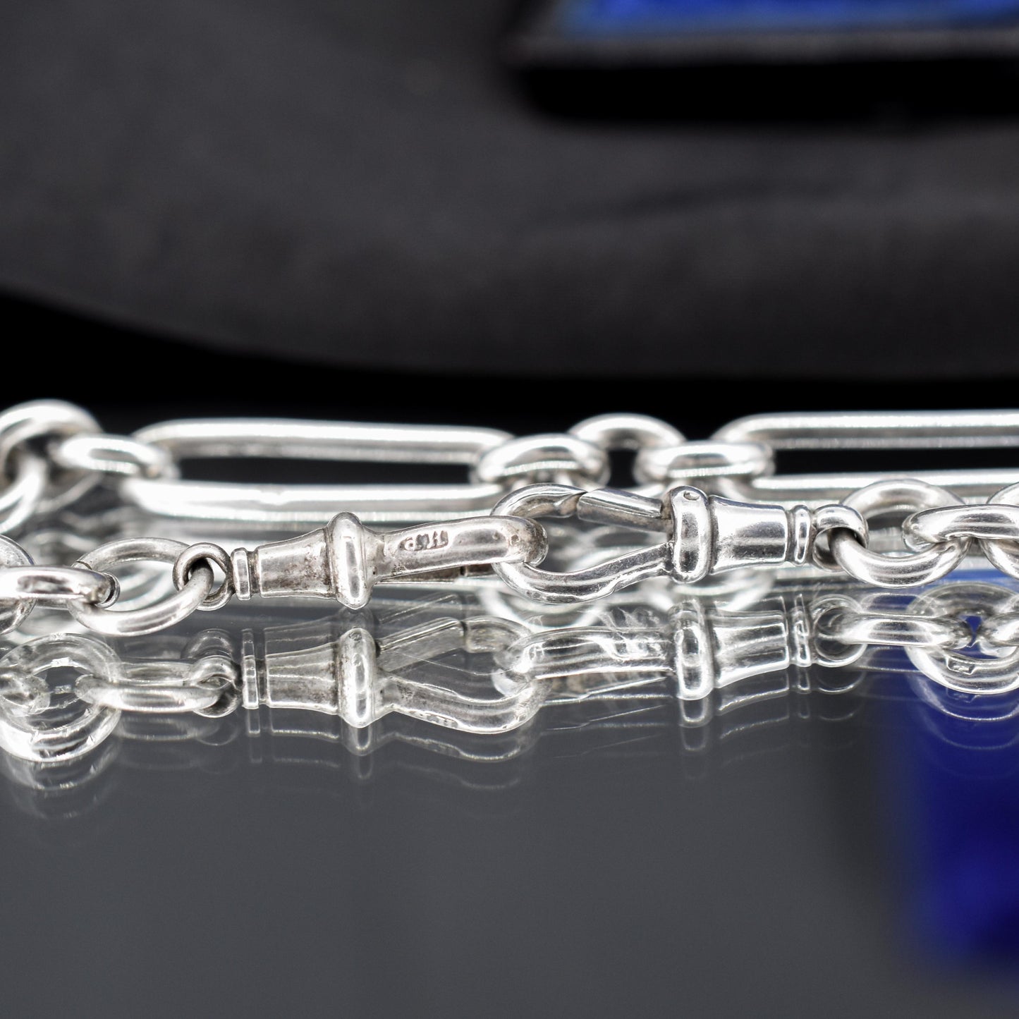 Antique '1893' Sterling Silver Trombone Watch Chain with Dog Clips and T Bar | 13.5"