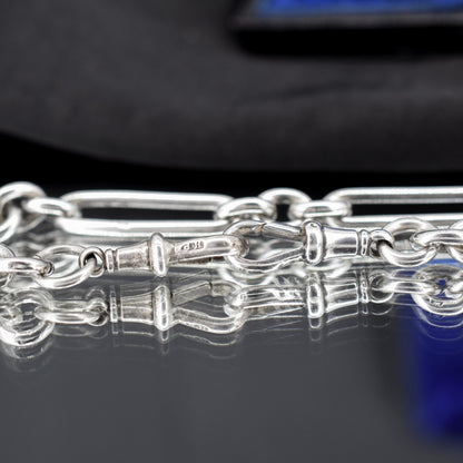 Antique '1893' Sterling Silver Trombone Watch Chain with Dog Clips and T Bar | 13.5"