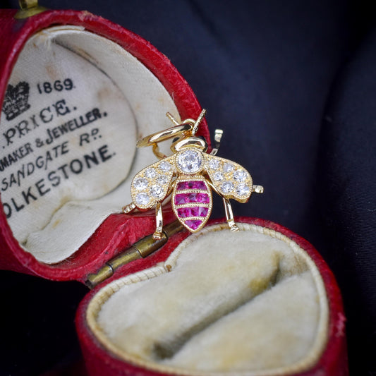 French Cut Ruby and Diamond 18ct Gold Insect Bee Pendant