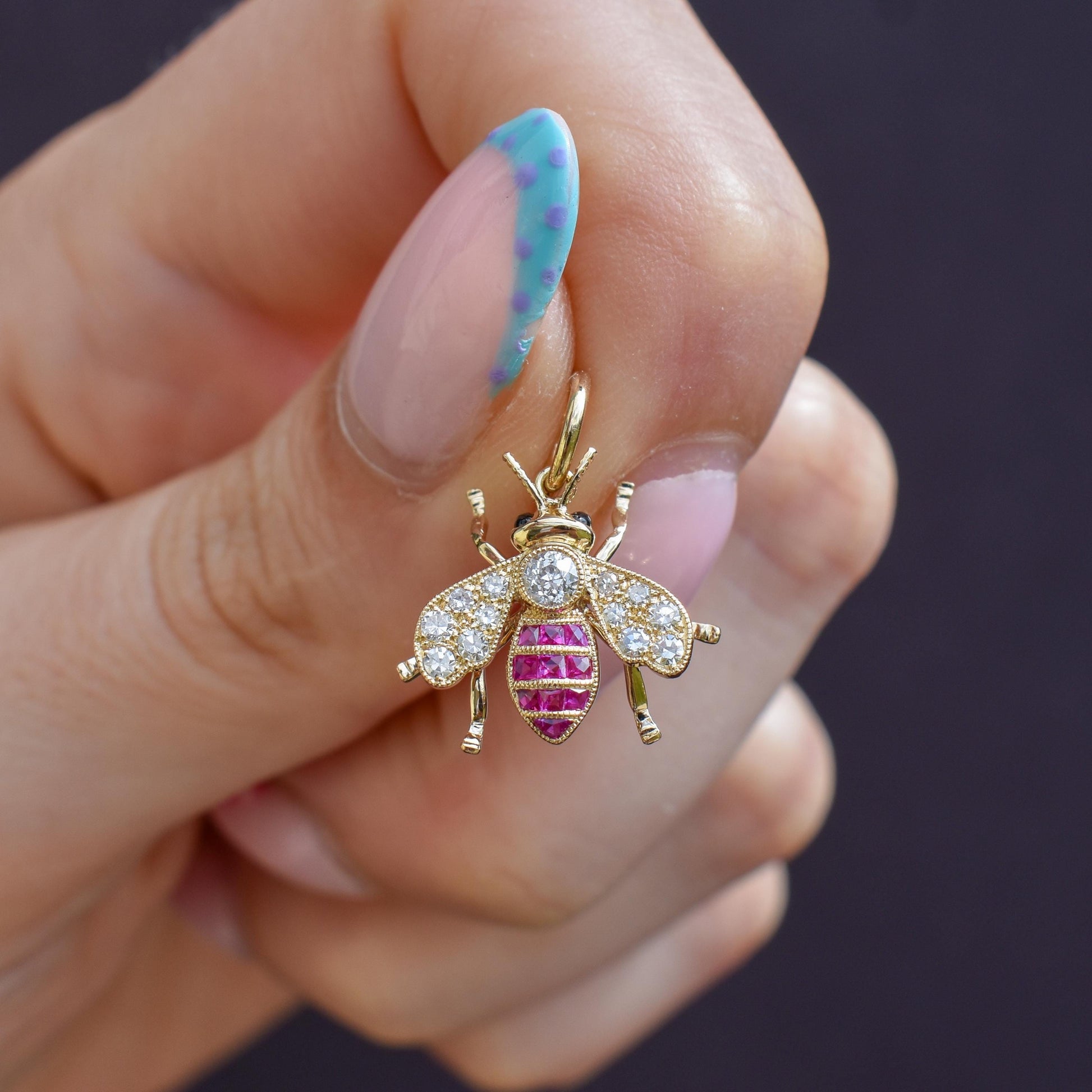 French Cut Ruby and Diamond 18ct Gold Insect Bee Pendant