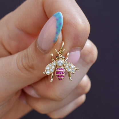French Cut Ruby and Diamond 18ct Gold Insect Bee Pendant