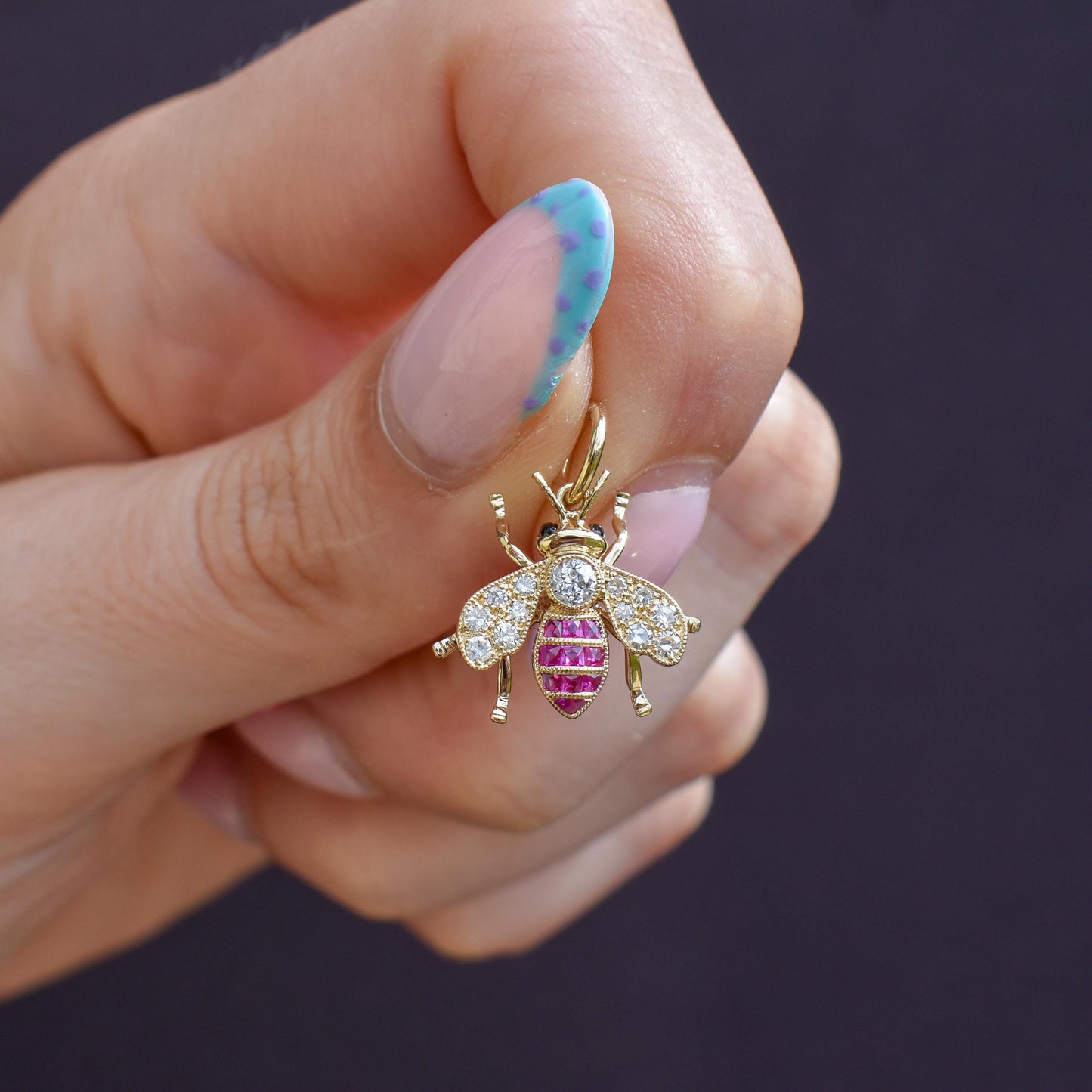 French Cut Ruby and Diamond 18ct Gold Insect Bee Pendant
