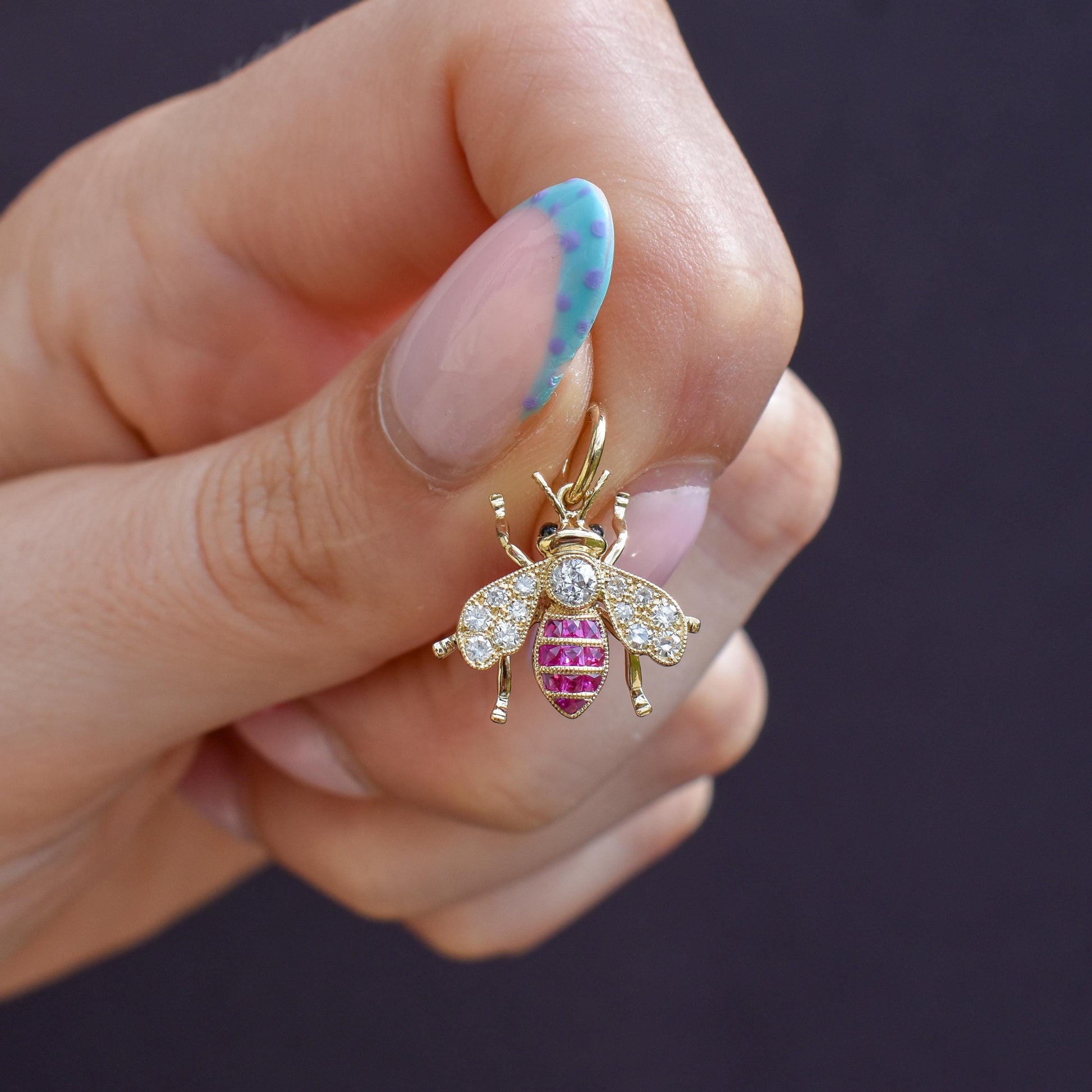 French Cut Ruby and Diamond 18ct Gold Insect Bee Pendant