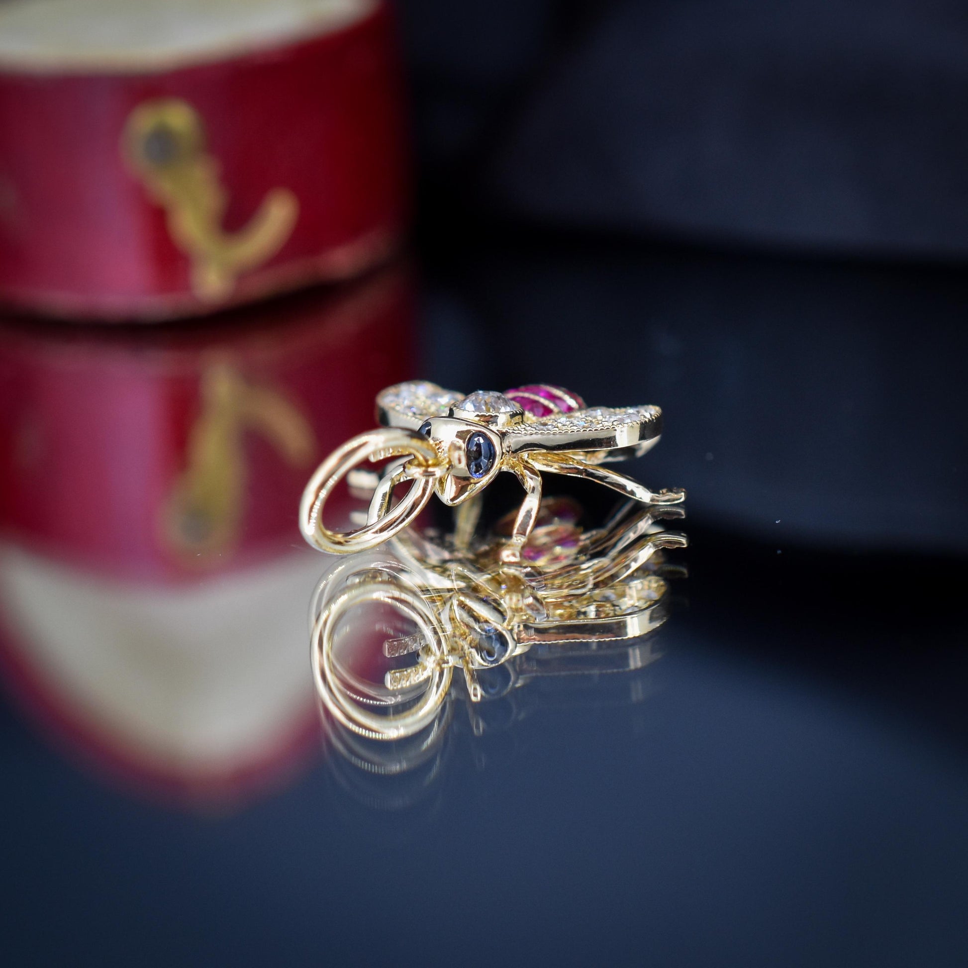 French Cut Ruby and Diamond 18ct Gold Insect Bee Pendant