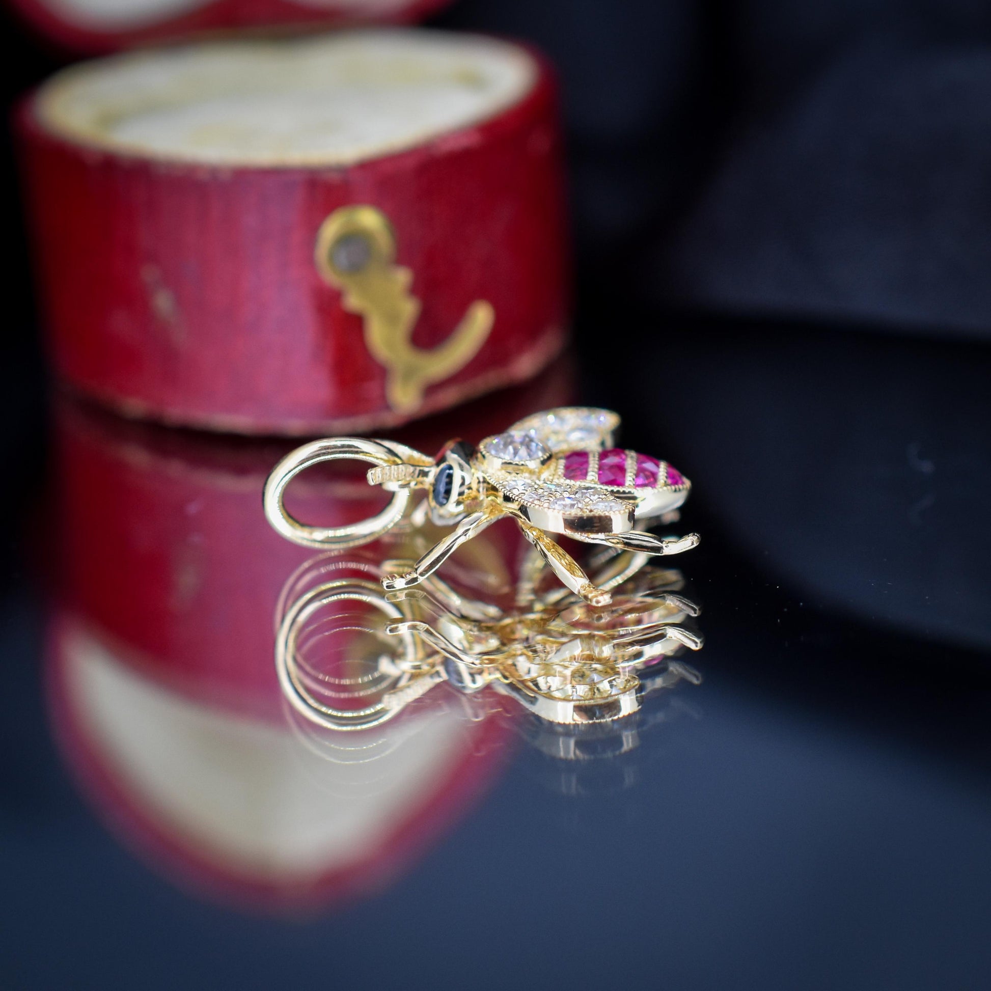 French Cut Ruby and Diamond 18ct Gold Insect Bee Pendant