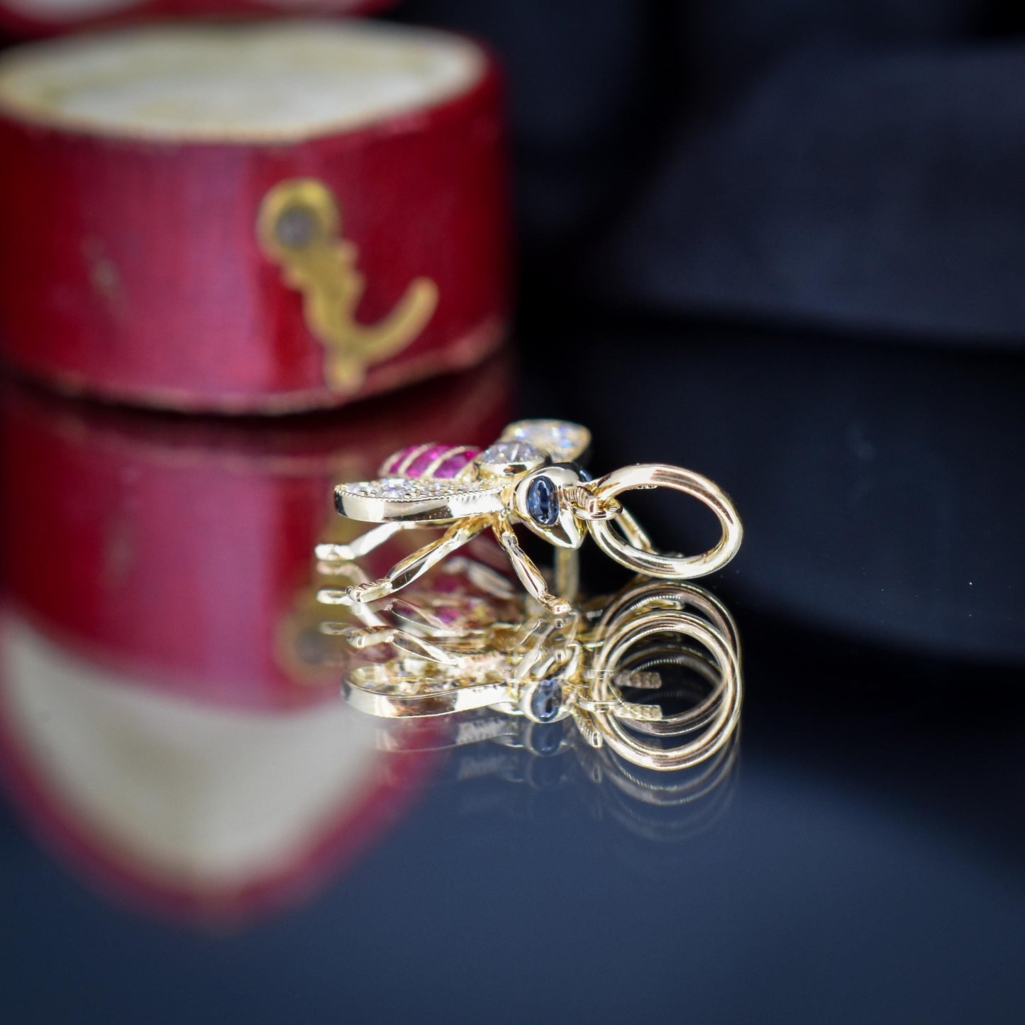 French Cut Ruby and Diamond 18ct Gold Insect Bee Pendant