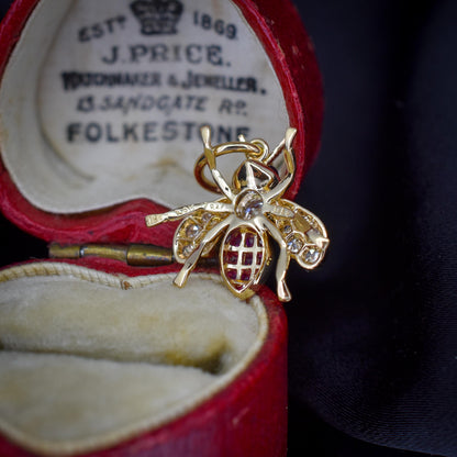 French Cut Ruby and Diamond 18ct Gold Insect Bee Pendant