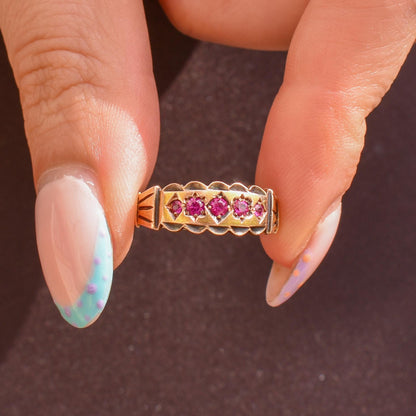 Antique Ruby Five Stone 15ct Gold Patterned Band Ring | Chester 1890