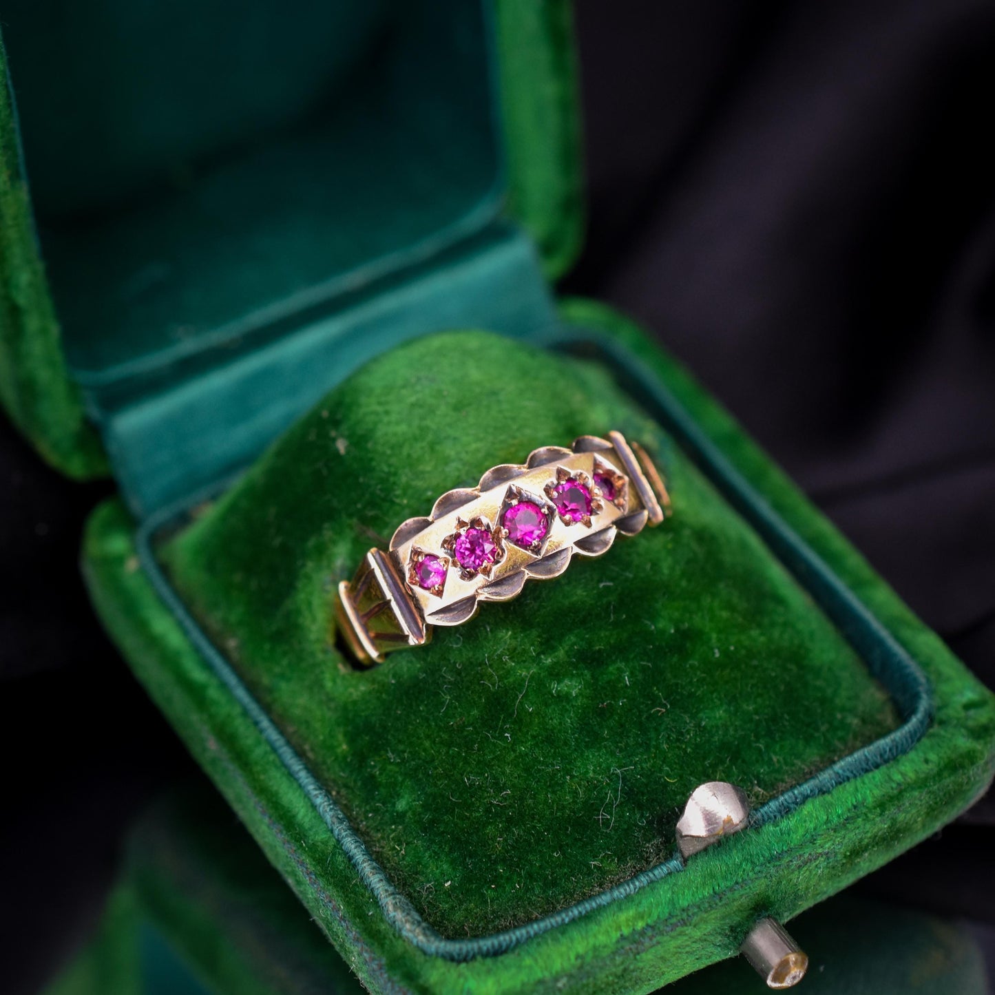 Antique Ruby Five Stone 15ct Gold Patterned Band Ring | Chester 1890