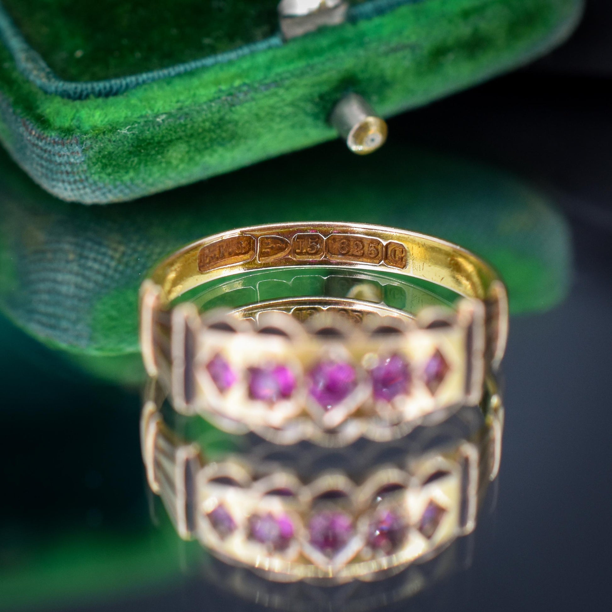 Antique Ruby Five Stone 15ct Gold Patterned Band Ring | Chester 1890