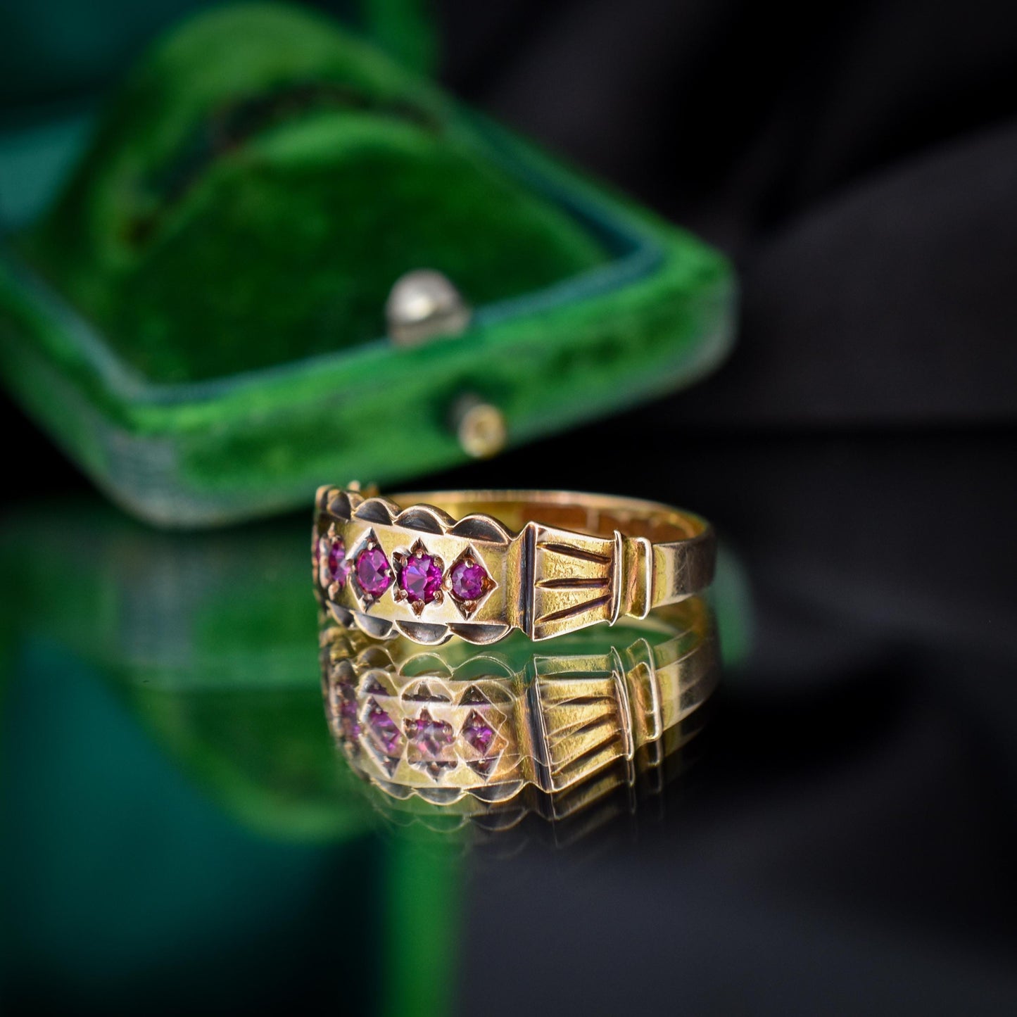 Antique Ruby Five Stone 15ct Gold Patterned Band Ring | Chester 1890